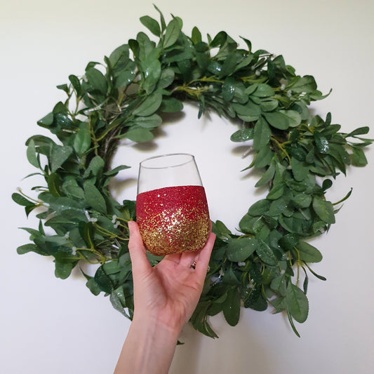 Red & gold  stemless wine glass