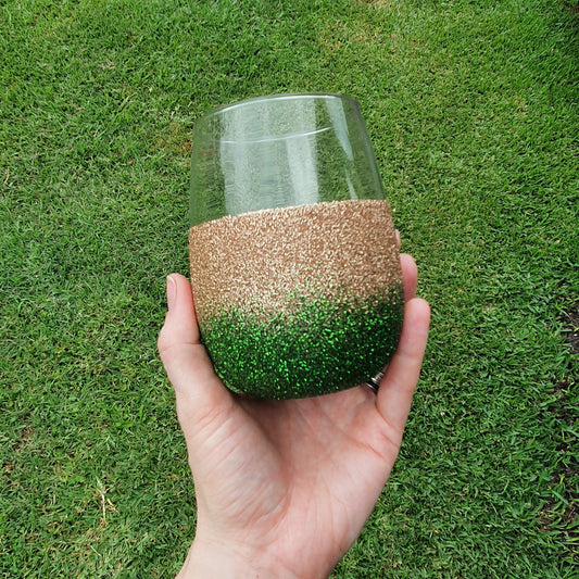 Gold & green stemless wine glass