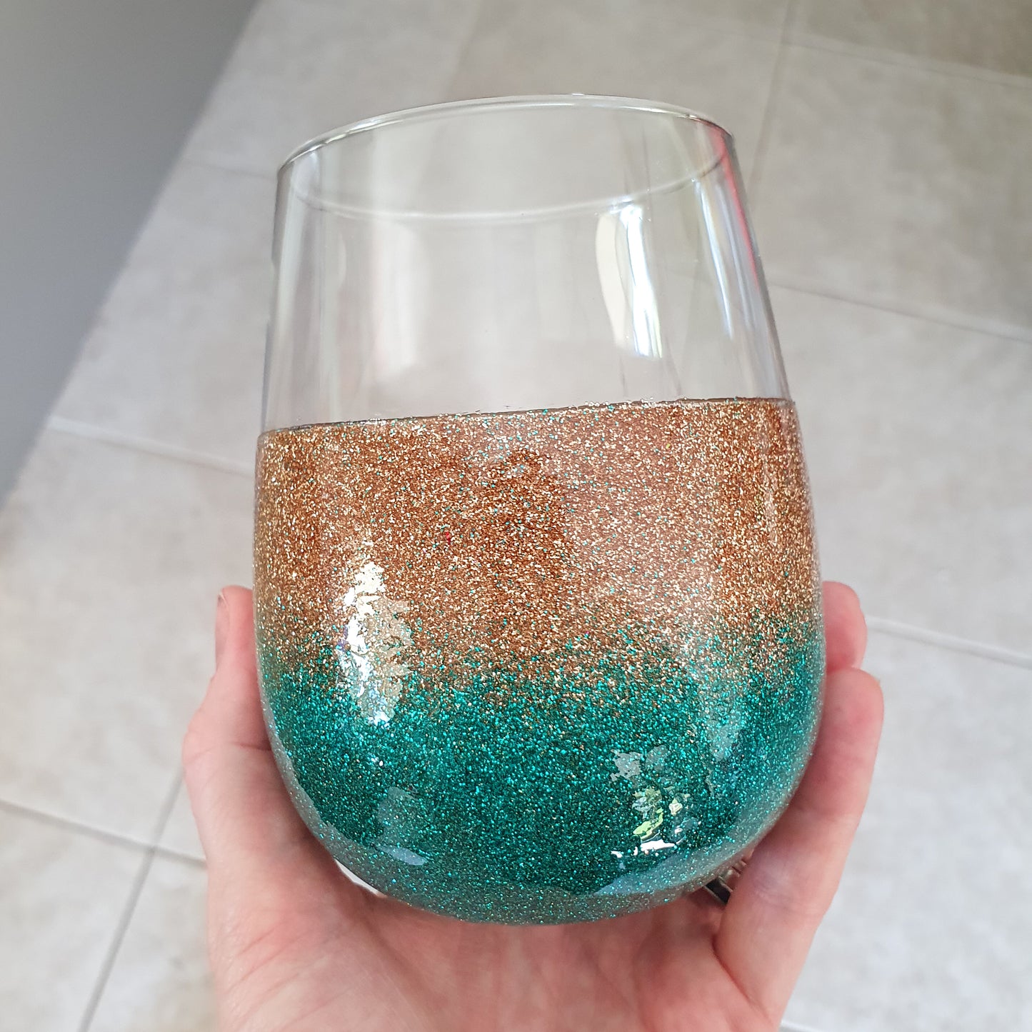 Gold & teal stemless wine glass