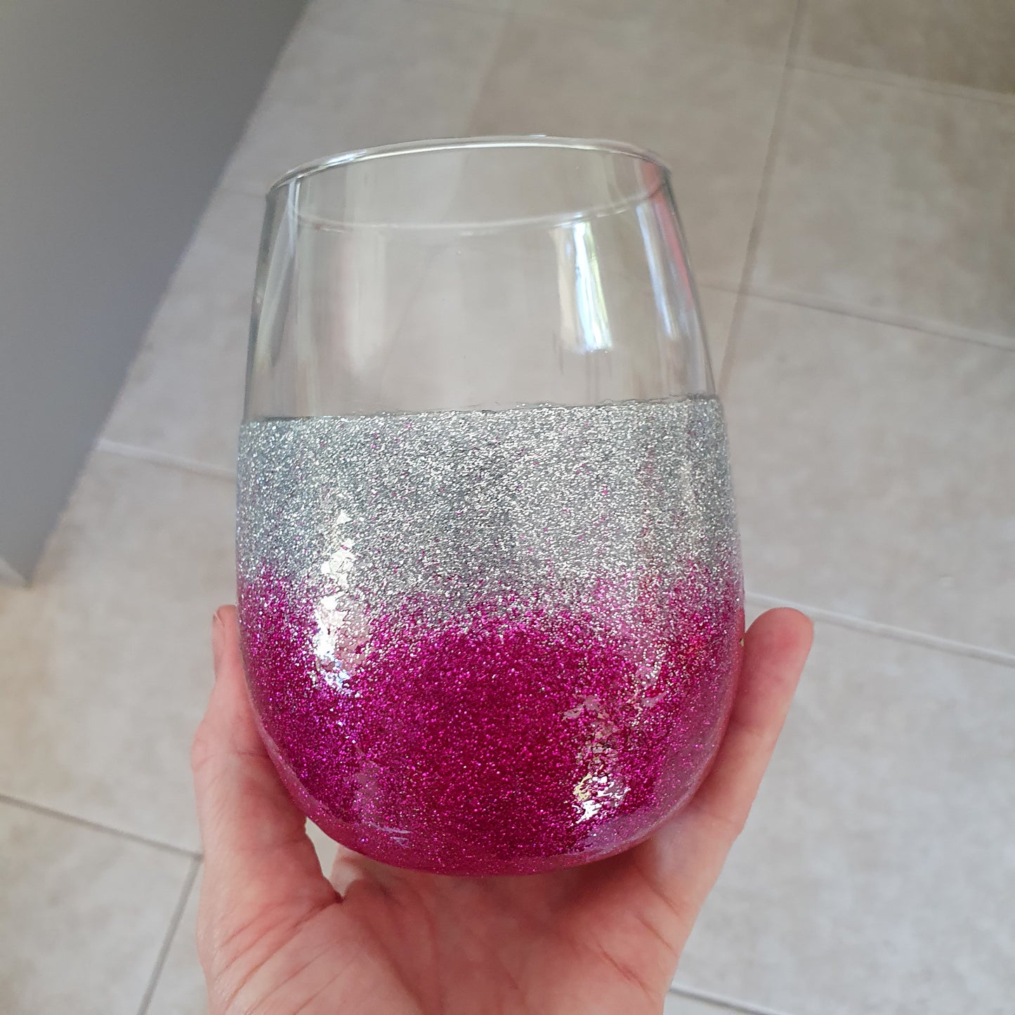 Silver & Fuchsia stemless wine glass