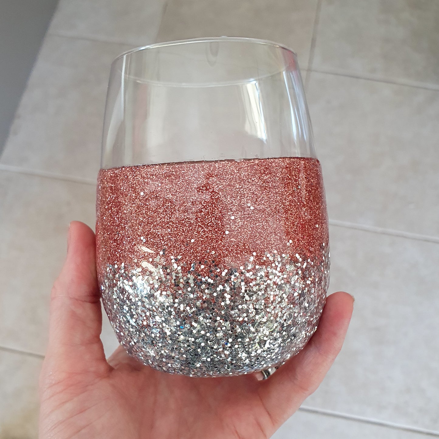 Rose gold & silver stemless wine glass