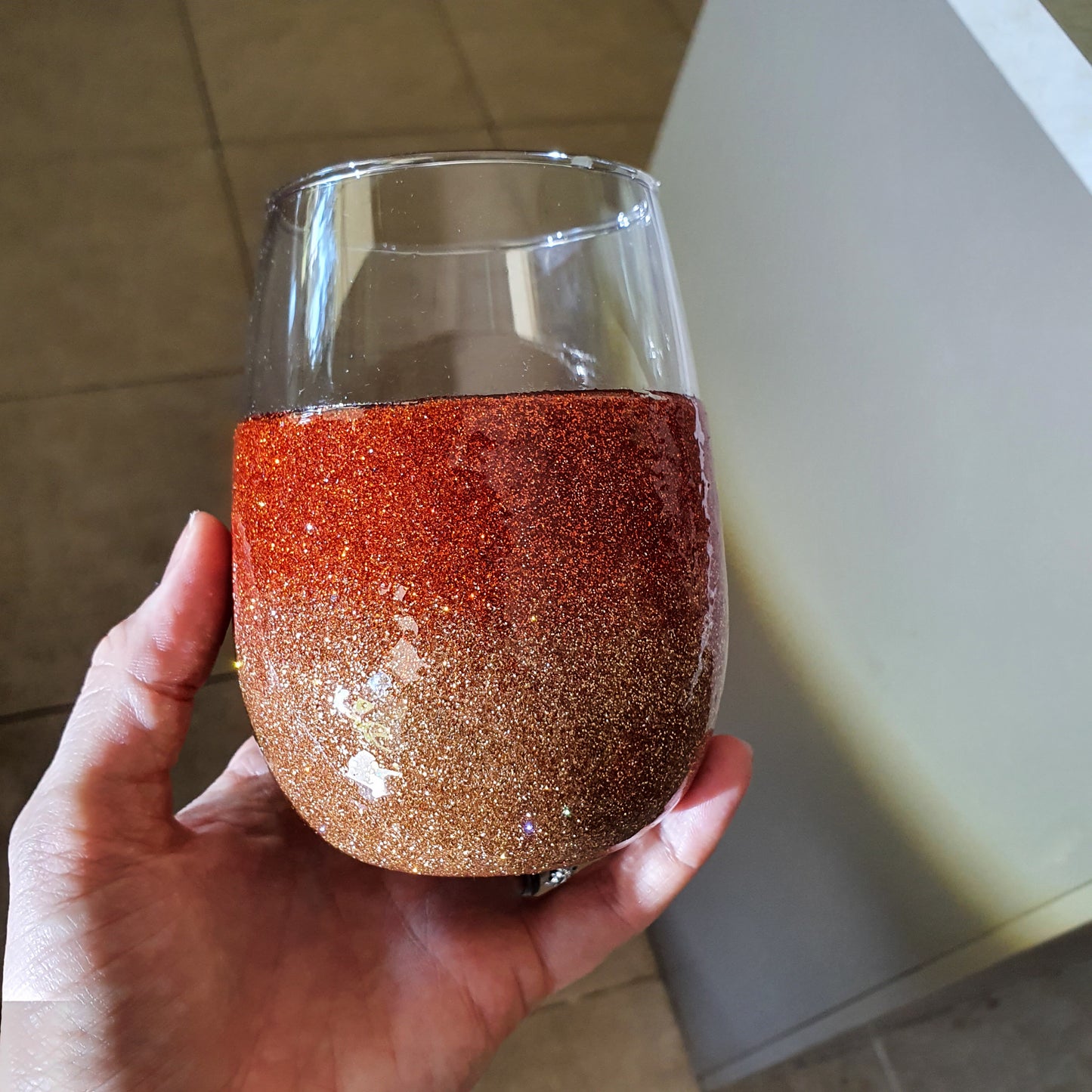 Burnt orange & gold stemless wine glass