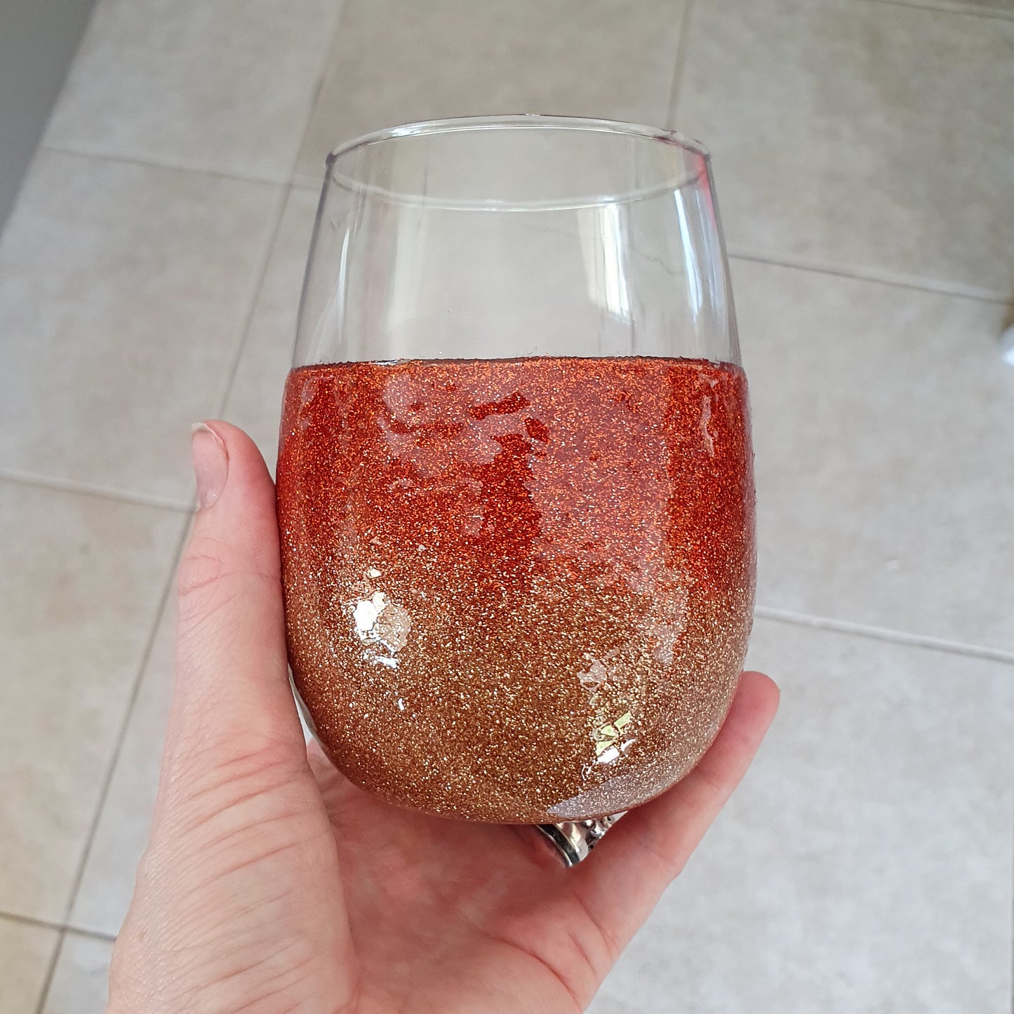 Burnt orange & gold stemless wine glass