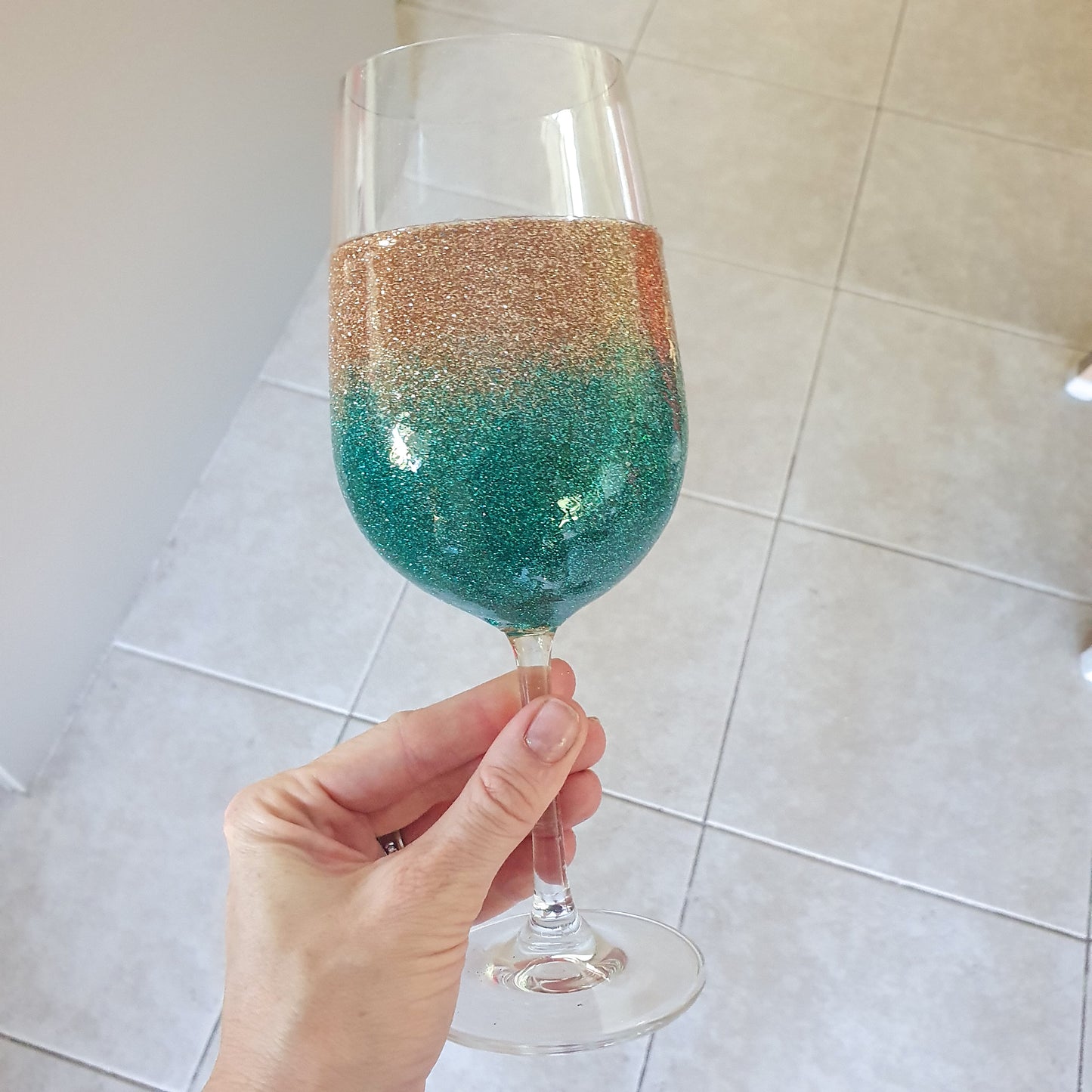 Gold & teal wine glass