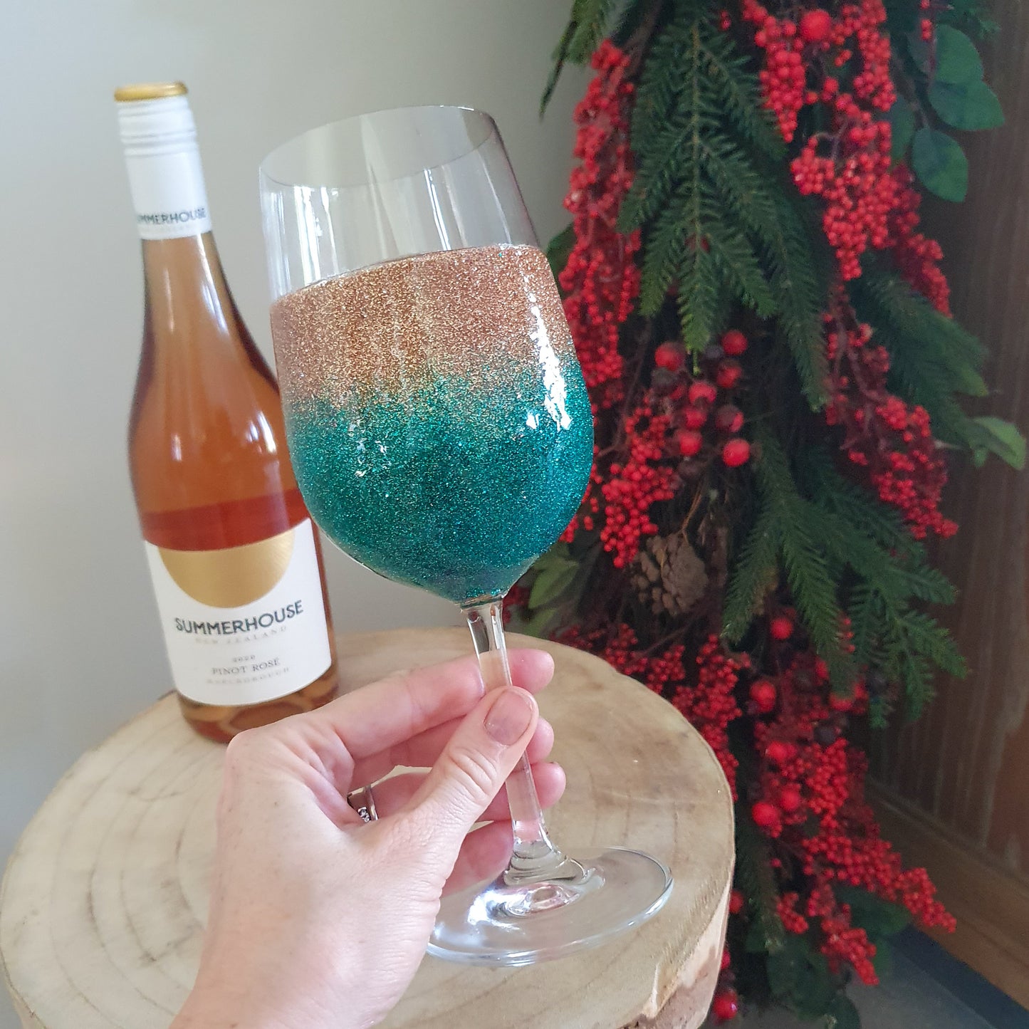 Gold & teal wine glass