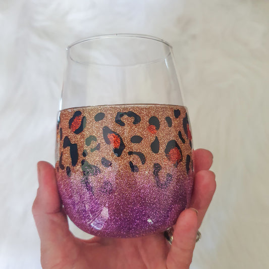 Leopard print ombre stemless wine glass