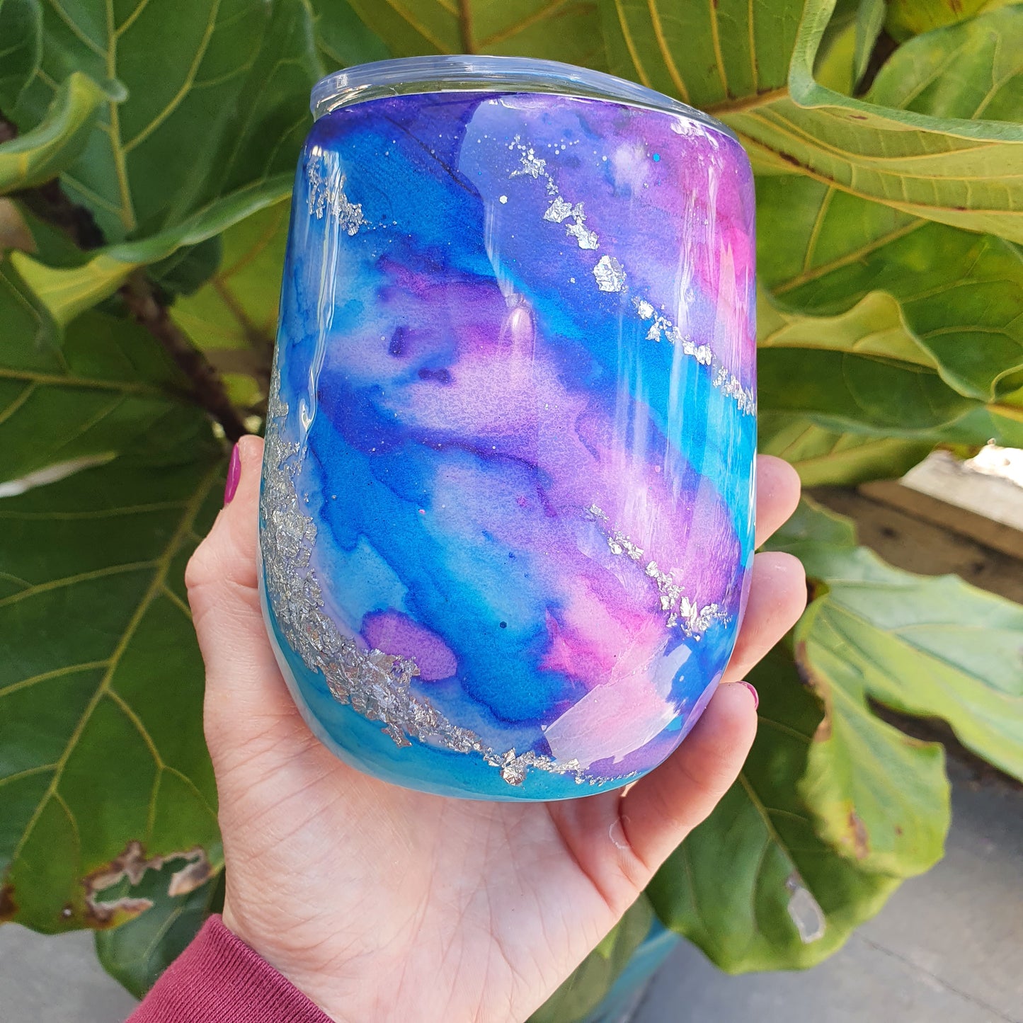 Watercolour & silver flakes wine tumbler